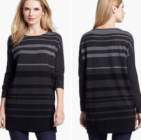 EILEEN FISHER 100% MERINO WOOL SWEATER TUNIC LENGTH KNIT GRAY BLACK STRIPE LARGE - Picture 1 of 13